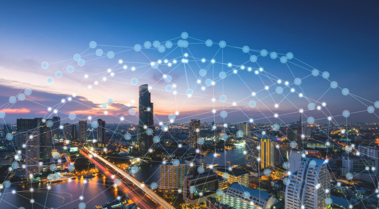 Data points hover over a city skyline representing a decision-making framework for municipal asset management.