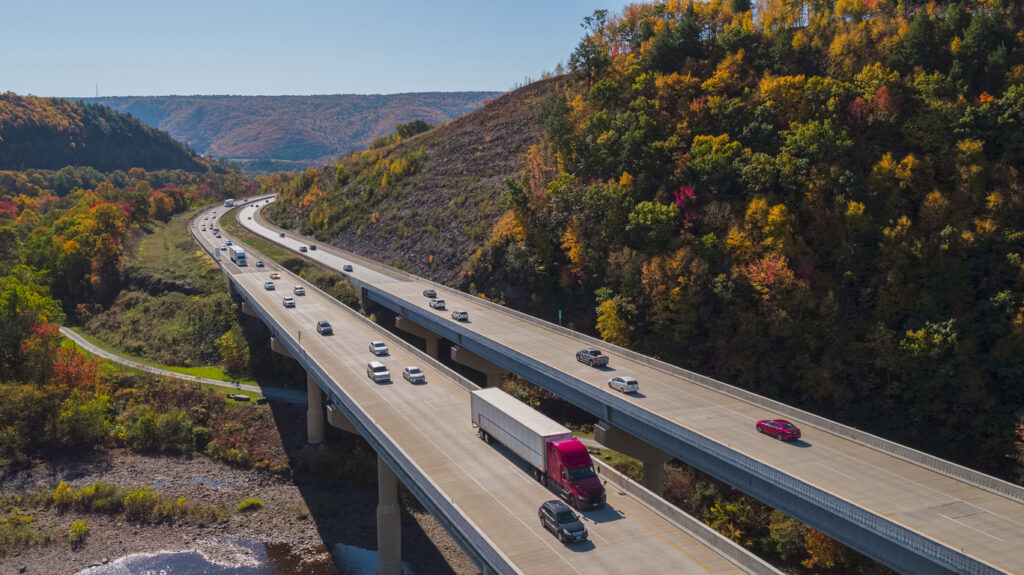 Aerial shot of highway infrastructure.