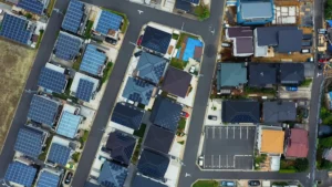 Birds eye view of solar panels, buildings, roads, all of which must be managed with a high degree of asset management maturity.