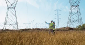 Two engineers in the field assessing the need for predictive maintenance on energy infrastructure.