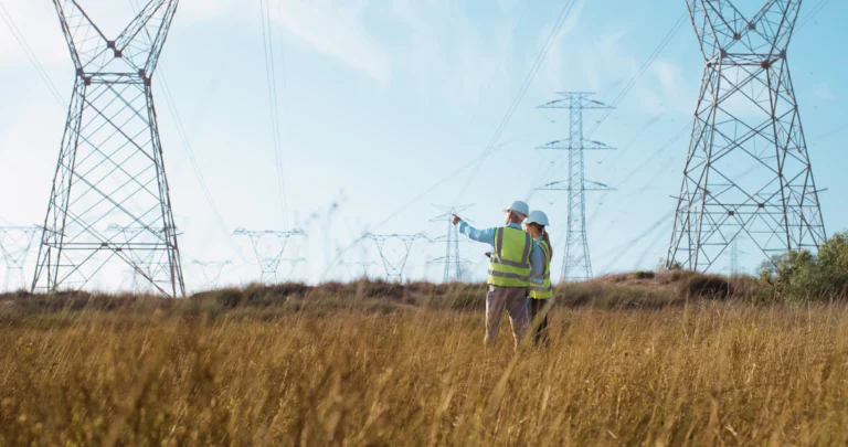 Two engineers in the field assessing the need for predictive maintenance on energy infrastructure.