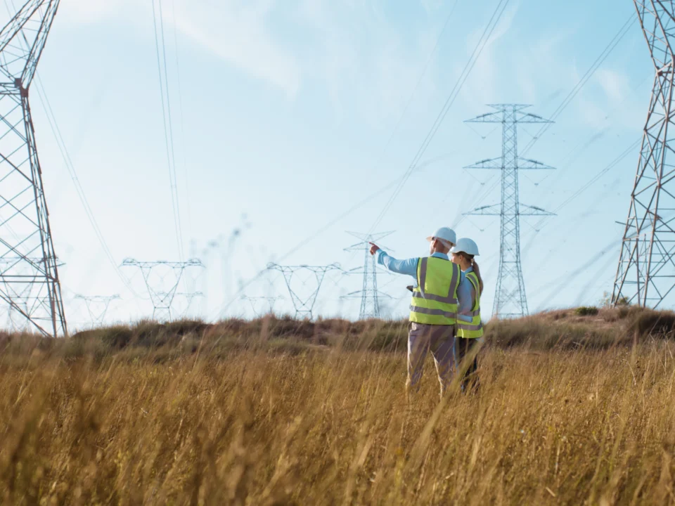 Two engineers in the field assessing the need for predictive maintenance on energy infrastructure.